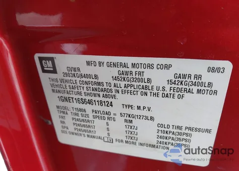 2004 Chevrolet Trailblazer Ext Lt from USA, damaged, VIN 1GNET16S646118124